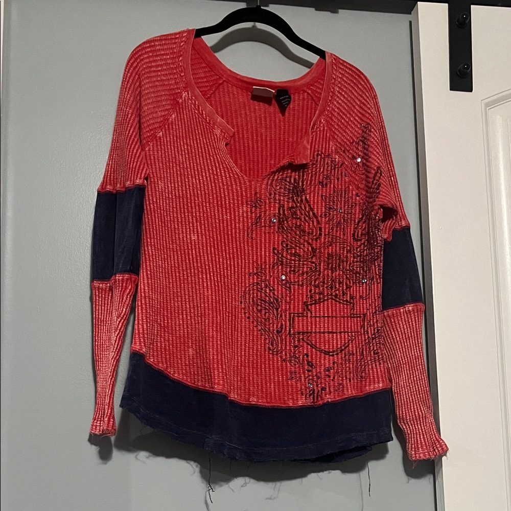 Women’s Harley Davidson 
Faded & Stylish Red and Blue Women's Top